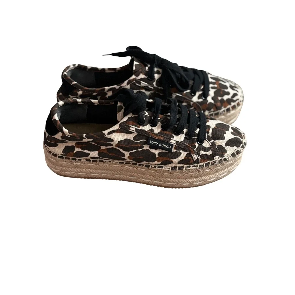 Tory Burch Leopard Print Canvas Espadrille Lace Up‎ Sneakers 6.5M 89369